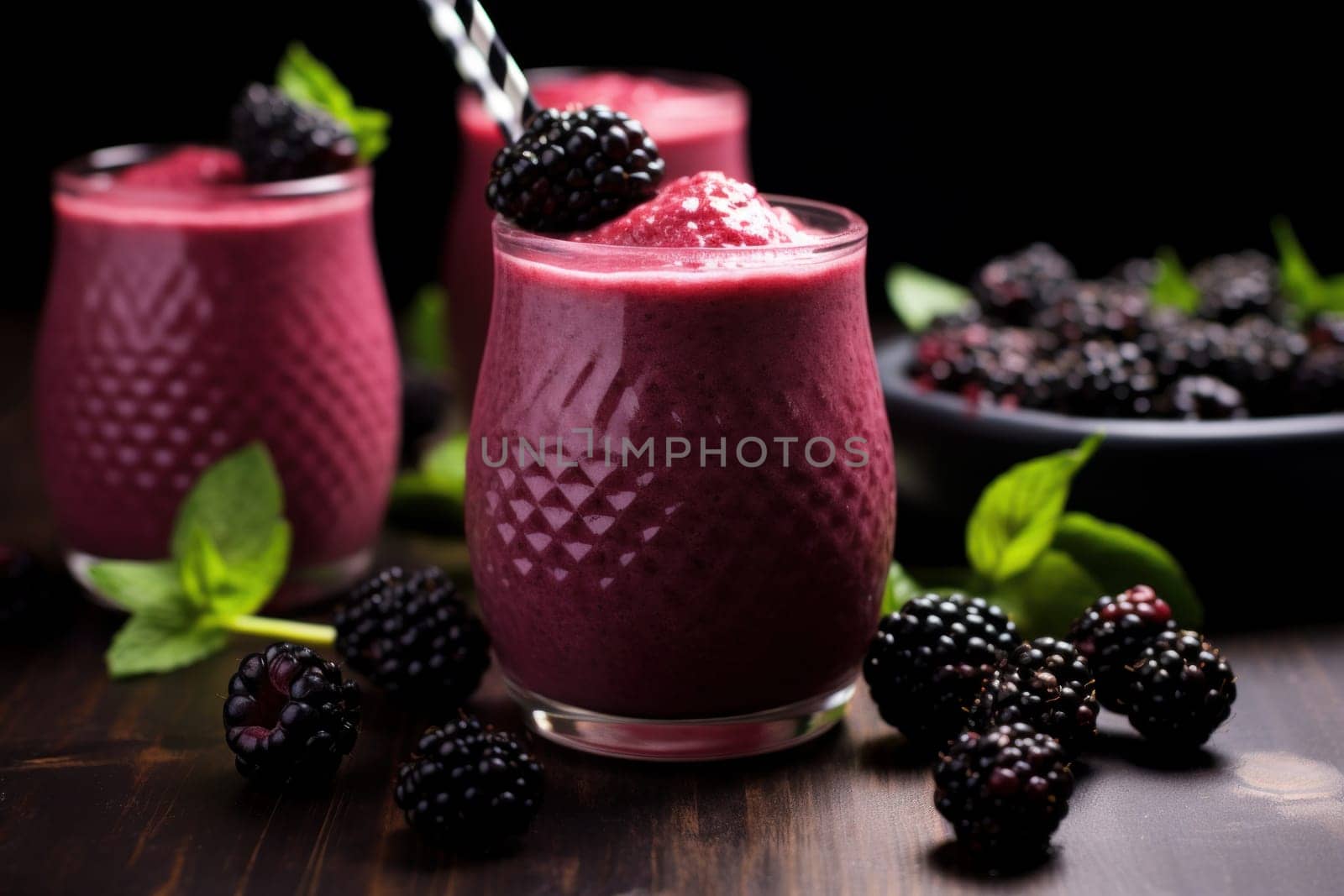 Thick Blackberry smoothies. Drink detox shake. Generate Ai
