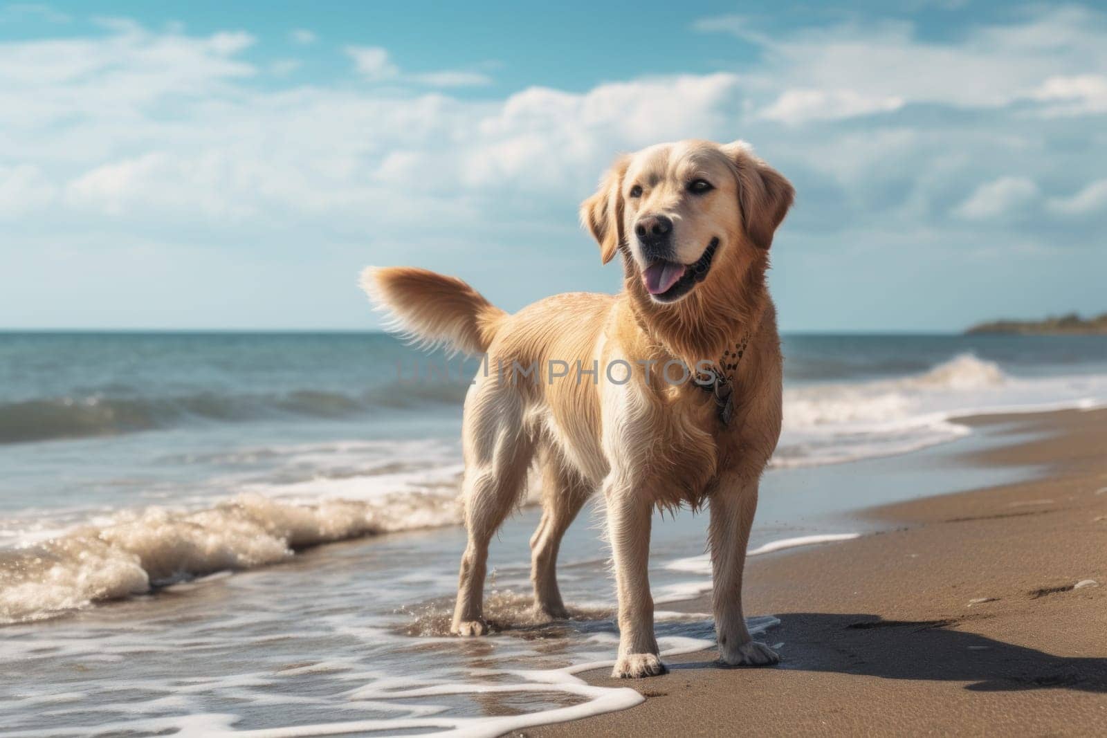 Sunny Dog beach. Sunny day animal. Generate Ai