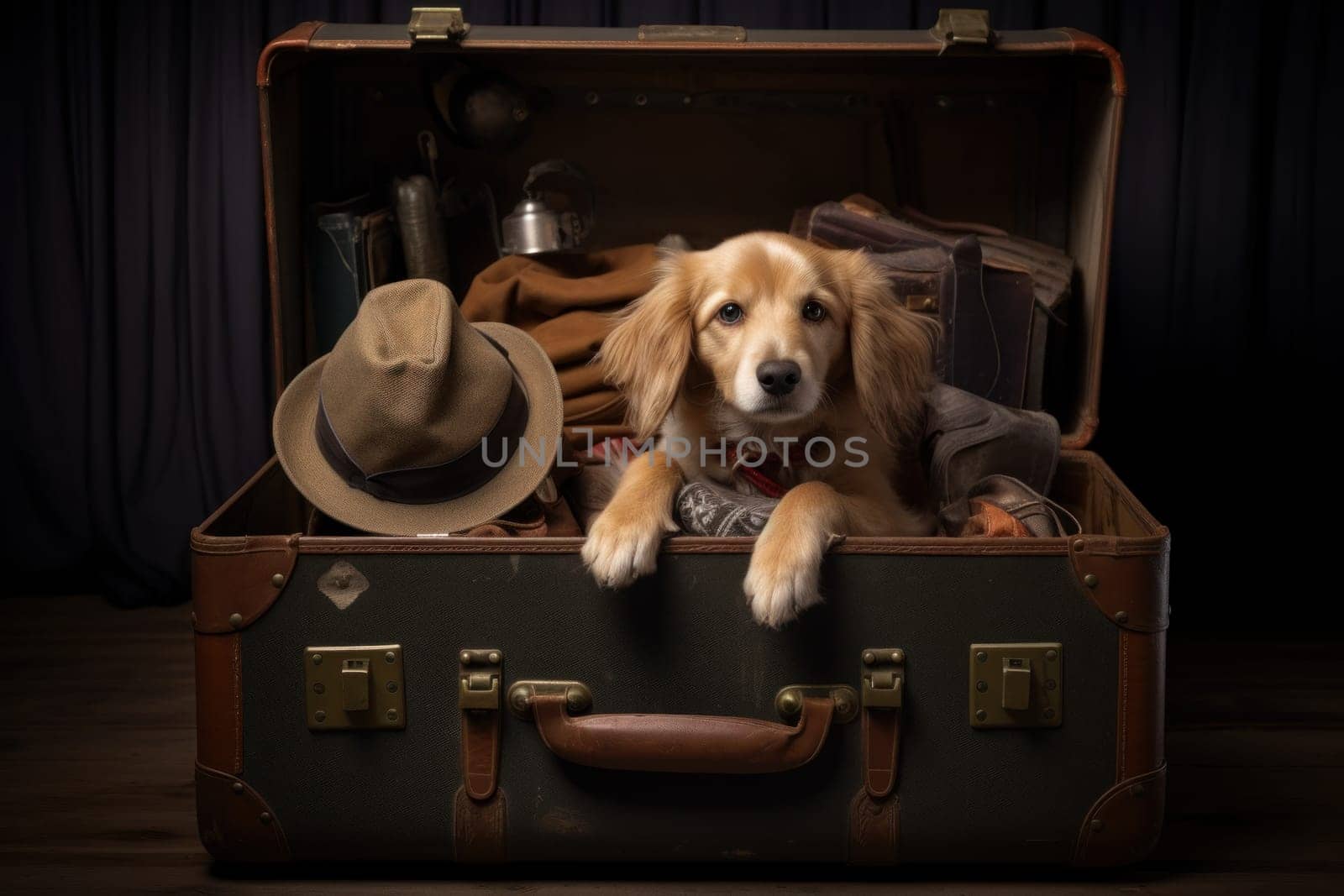 Domestic Dog sit at open suitcase. Vacation travel by ylivdesign