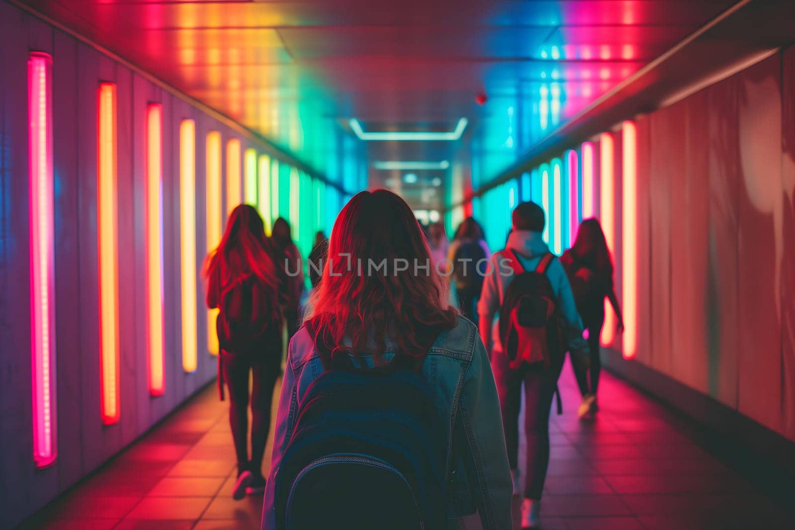 A group of people walking down a hallway with colorful lights. Neural network generated image. Not based on any actual scene or pattern.