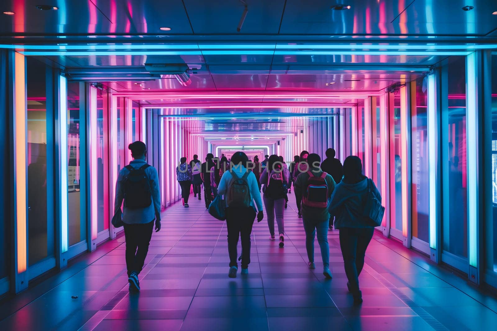 A group of people walking down a hallway with colorful lights. Neural network generated image. Not based on any actual scene or pattern.