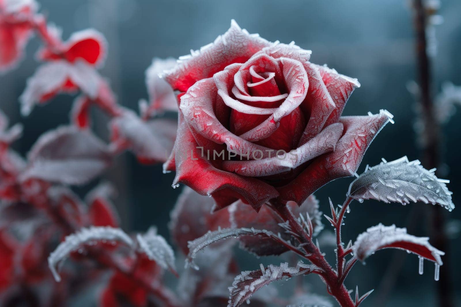 Chilled Frozen red rose. Natural flower. Generate Ai