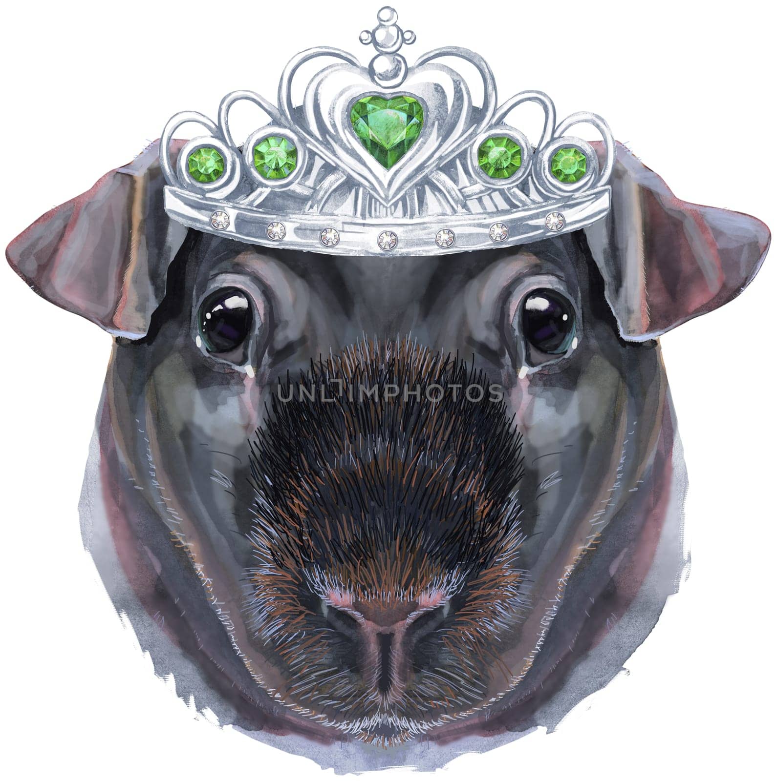 Cute cavy in silver crown. Pig for T-shirt graphics. Watercolor Skinny Guinea Pig illustration