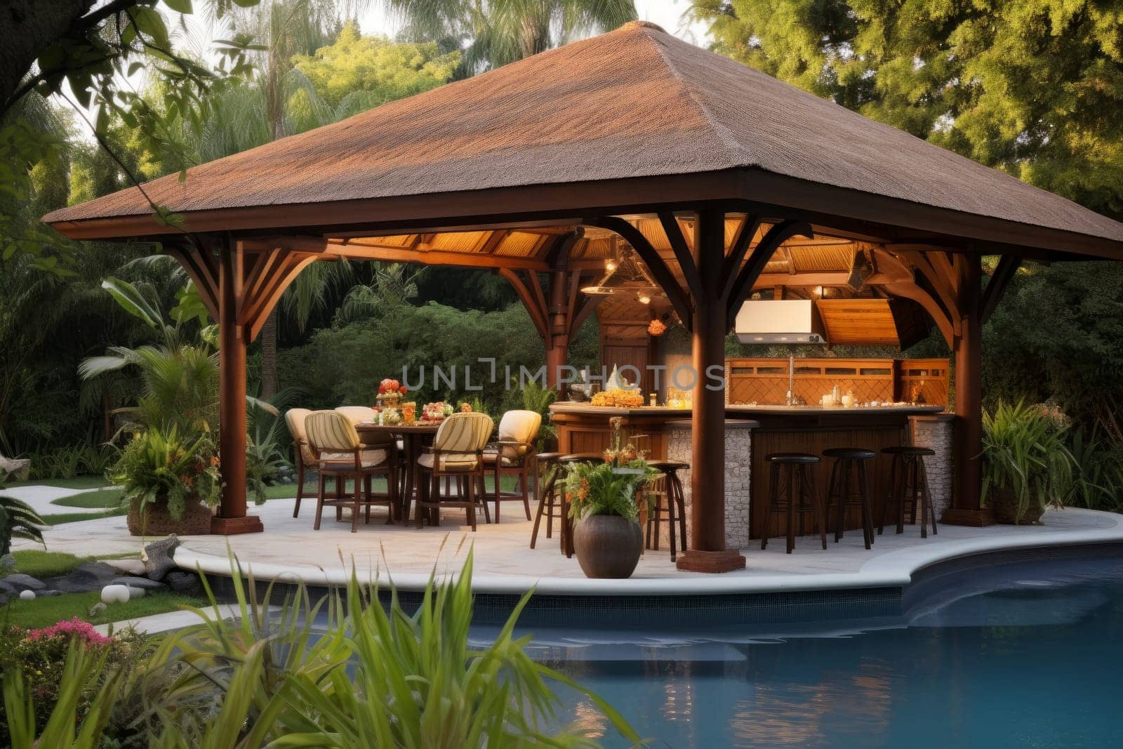 Lively Gazebo swimming pool bbq. Home garden. Generate Ai