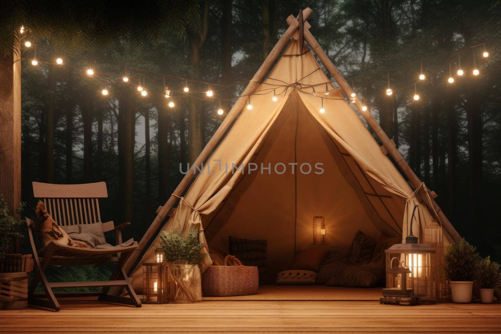 Luxurious Glamping mockup background. Wild mountain. Generate Ai