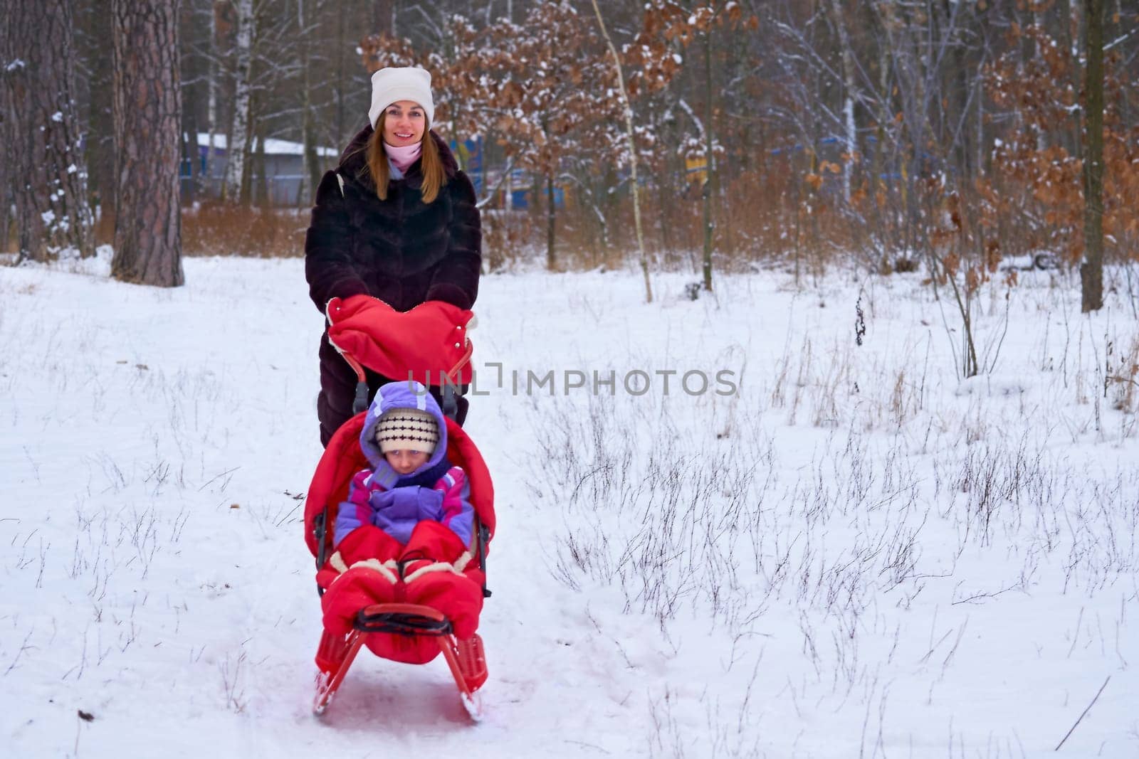 Young pretty mother with a child on a sled with a red plaid in the winter forest by jovani68