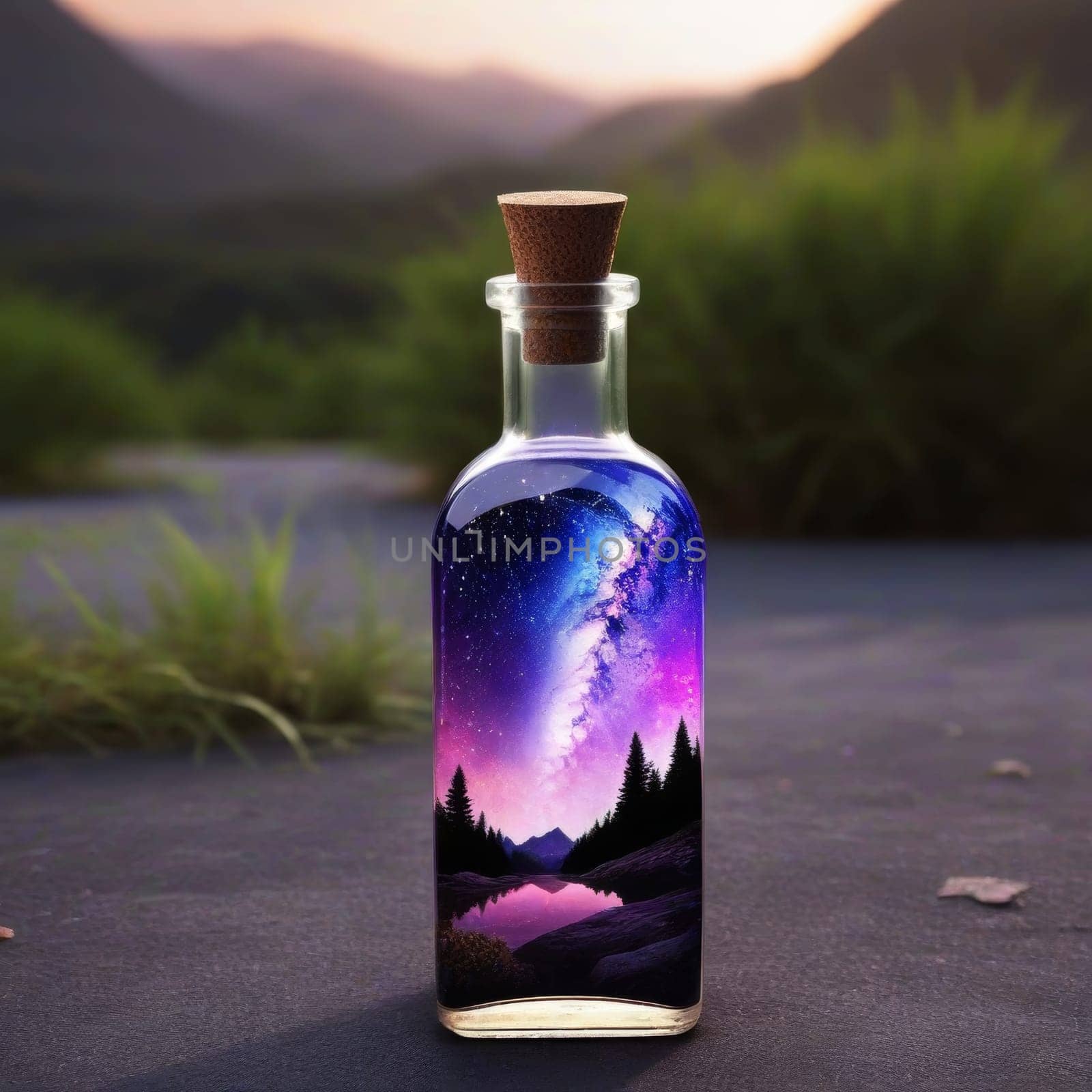 Magic potion in a bottle with forest and mountain landscape on the background
