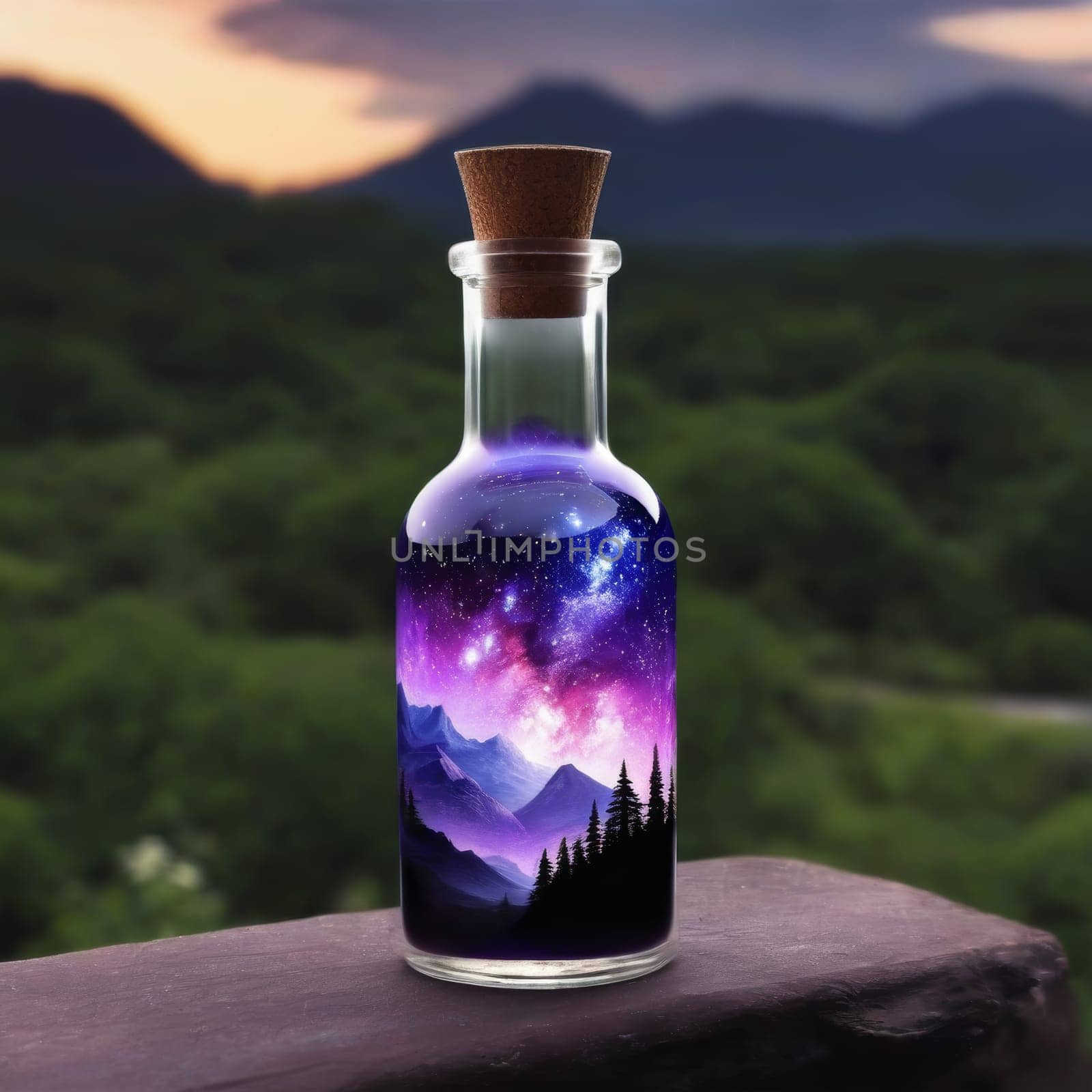 Magic potion in bottle with alpine landscape on background, magic concept