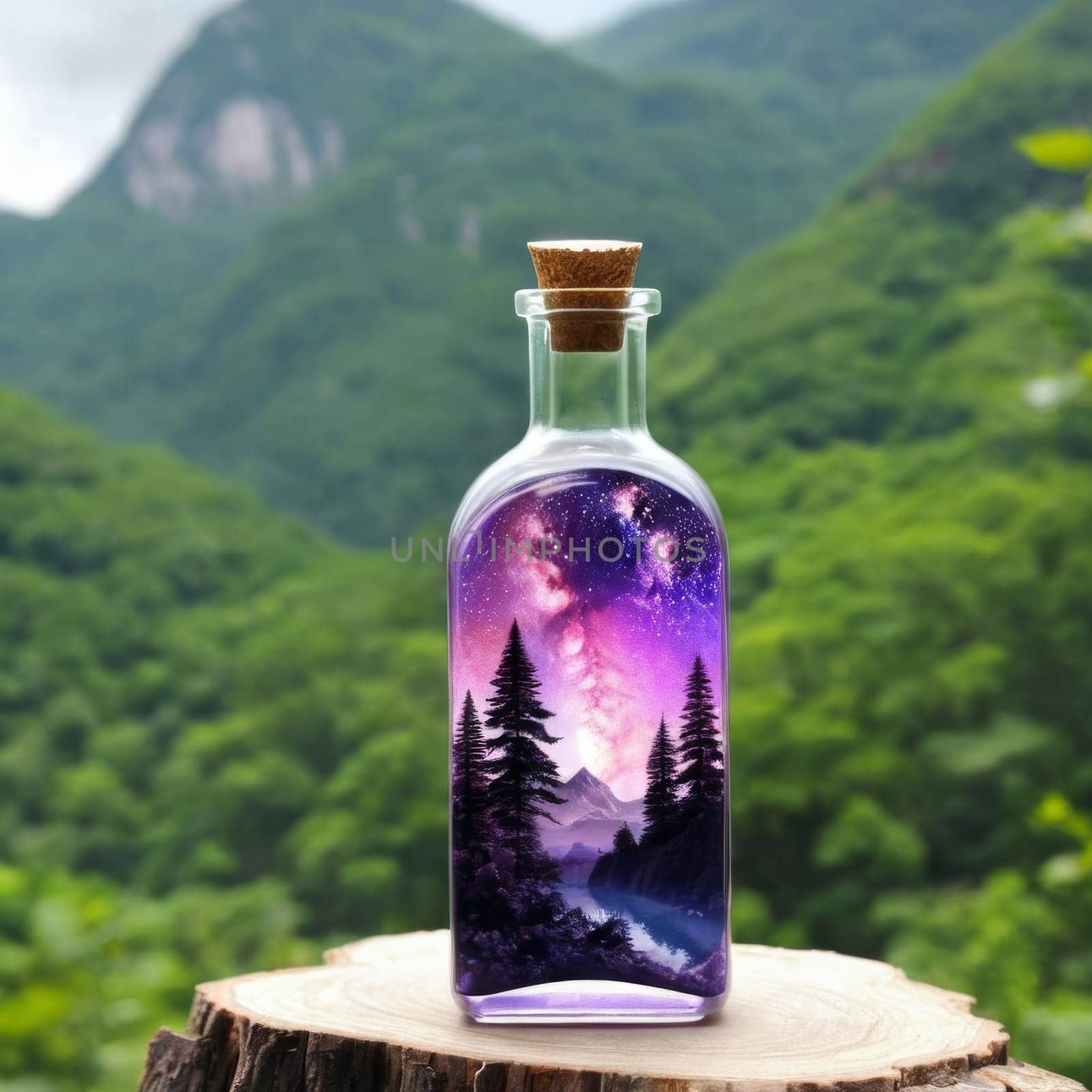 mountains and milky way in a bottle,