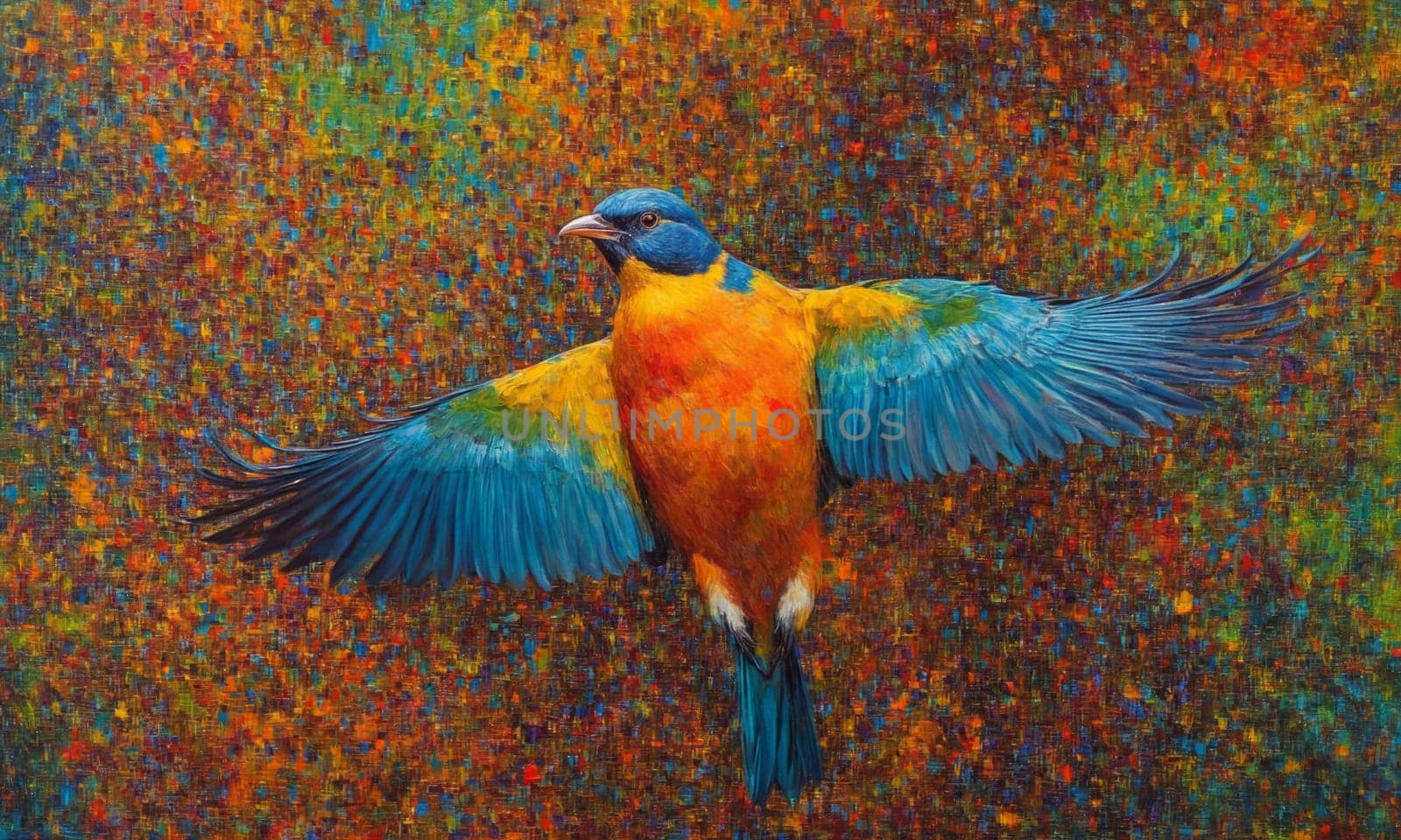 Colorful parrot in flight on colorful background. Oil painting