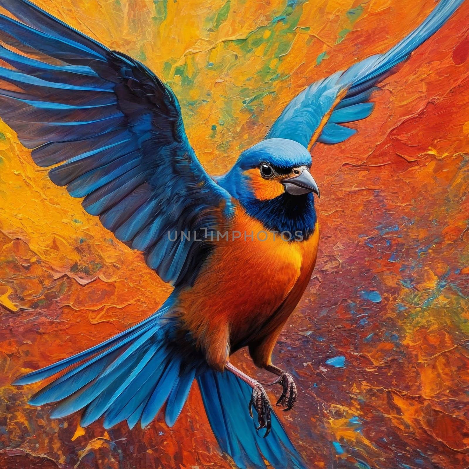 Colorful bird on the background of an oil painting. The bird is flying. by Andre1ns