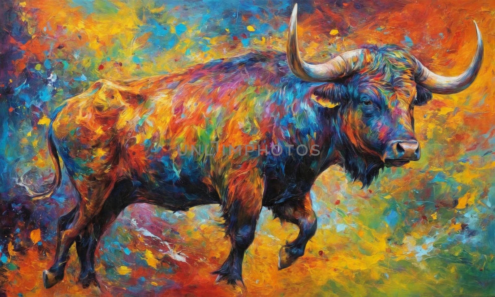 a bull on a multicolored background. Digital painting by Andre1ns