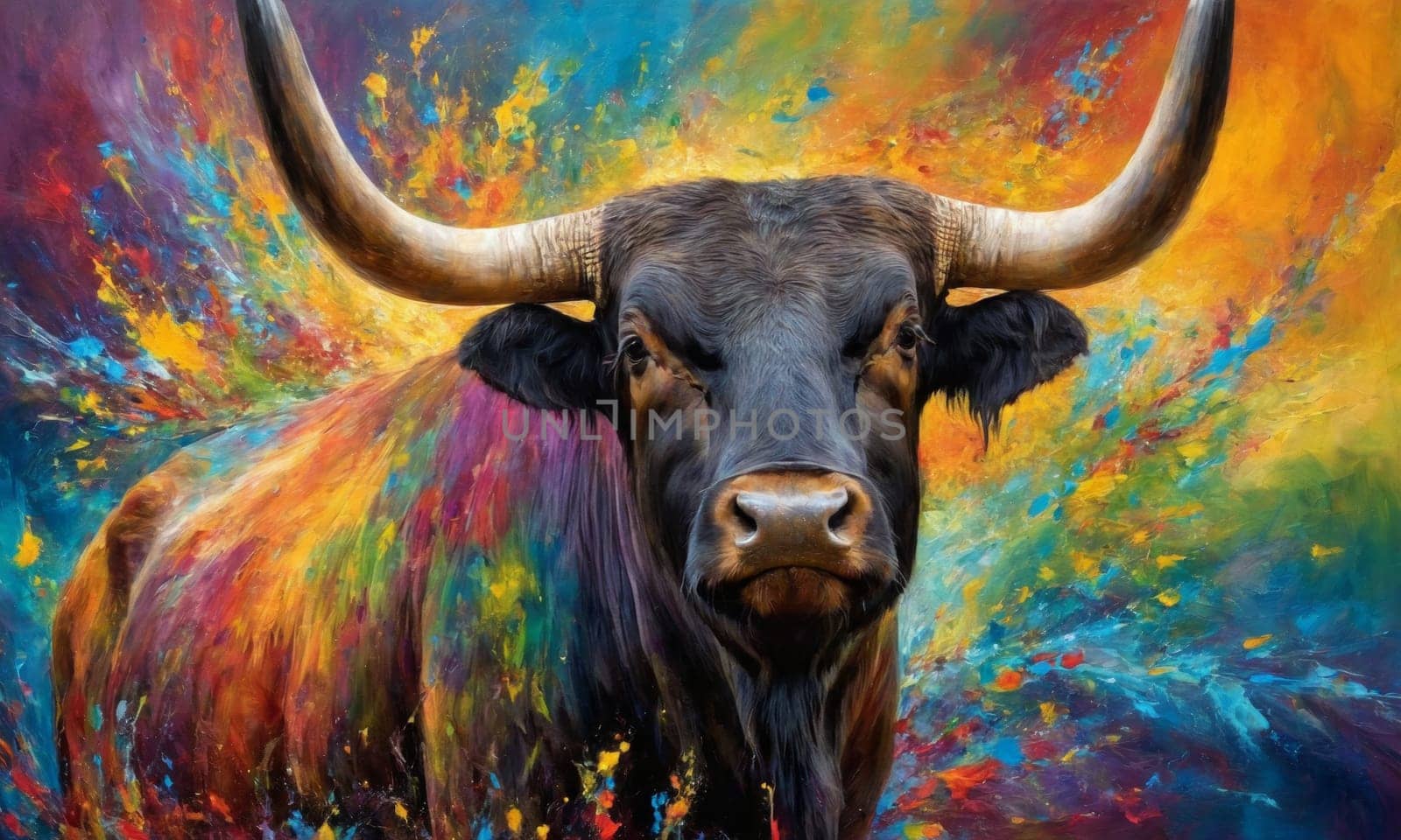 Portrait of a black bull on a multicolored background. Digital painting.