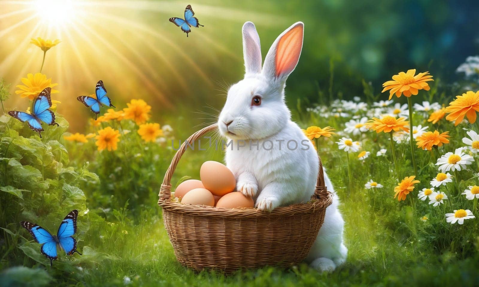 Easter bunny with basket of eggs and butterflies on the meadow.