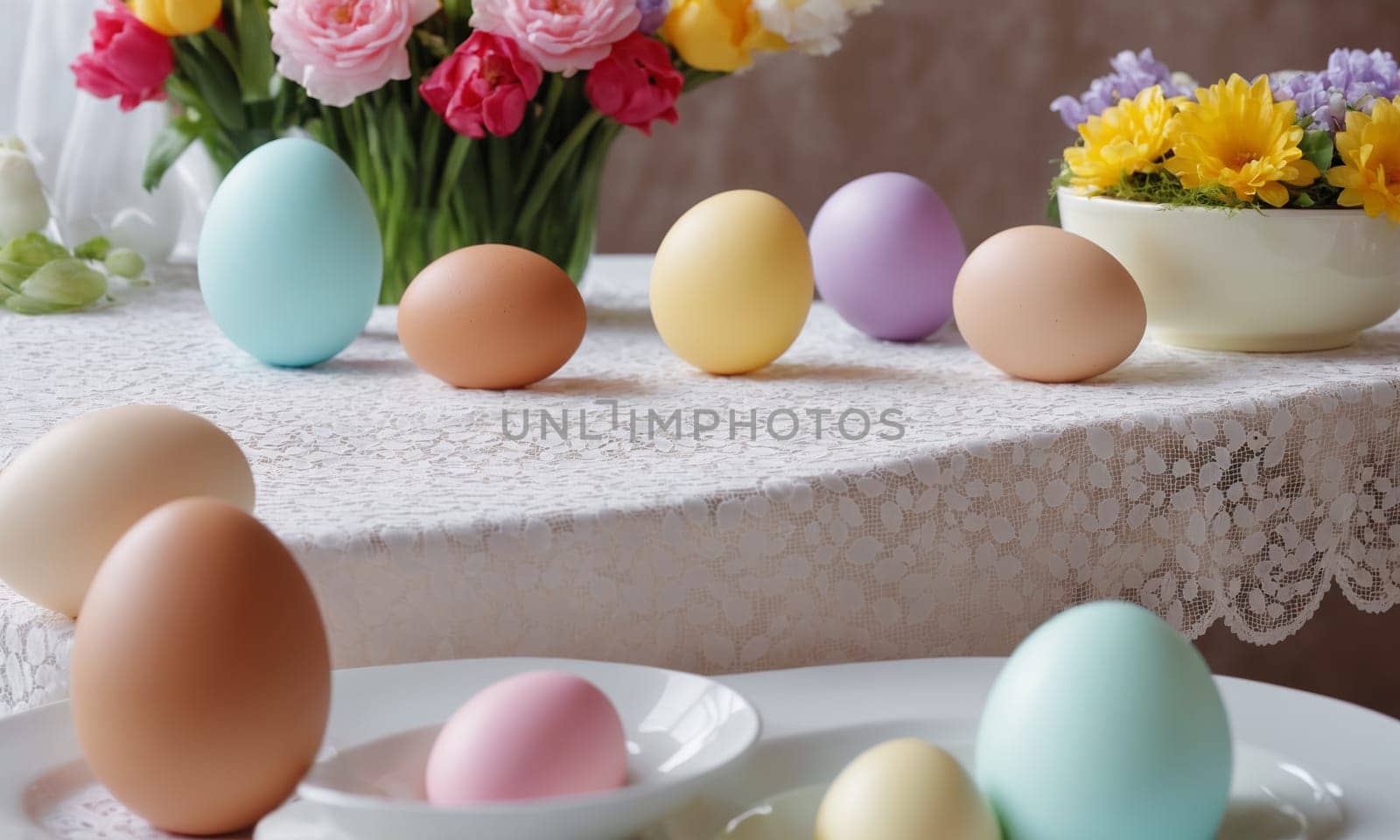 Easter eggs and flowers on a white tablecloth, selective focus/