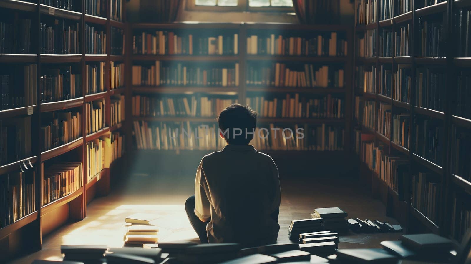 A student in a library, overwhelmed by the books. The towering bookshelves in the background adding to the atmosphere of pressure and academic stress. Neural network generated image. Not based on any actual person or scene.