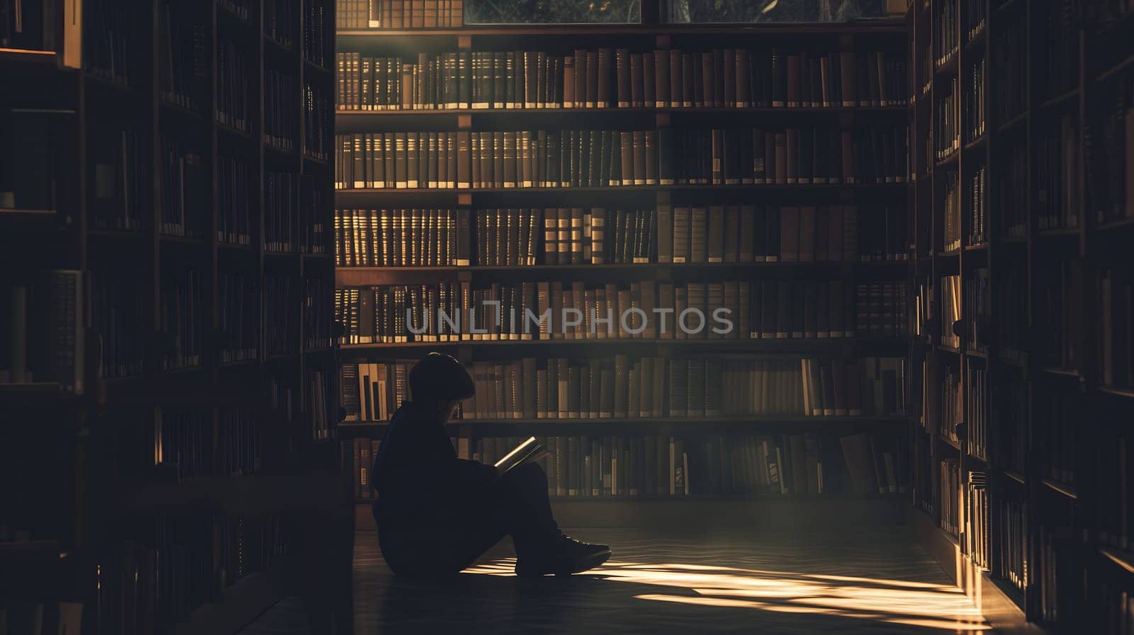 a student sits alone in a dimly lit corner of a library, looking overwhelmed by the books. The towering bookshelves in the background adding to the atmosphere of pressure and academic stress by z1b