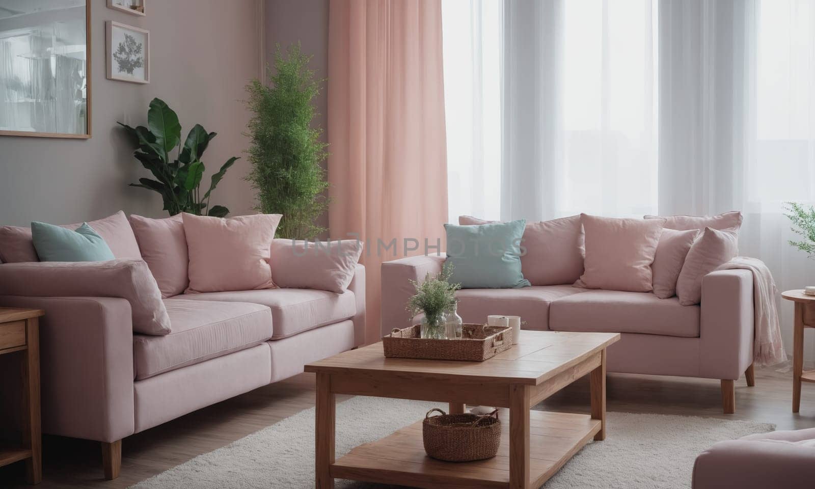 Interior of modern living room with pink sofa, coffee table and plants.