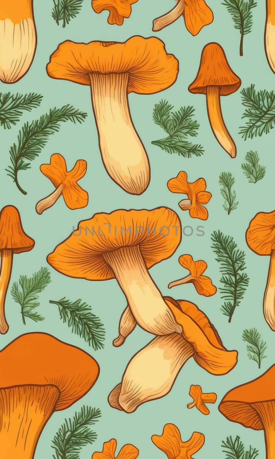 pattern with hand drawn chanterelle mushrooms