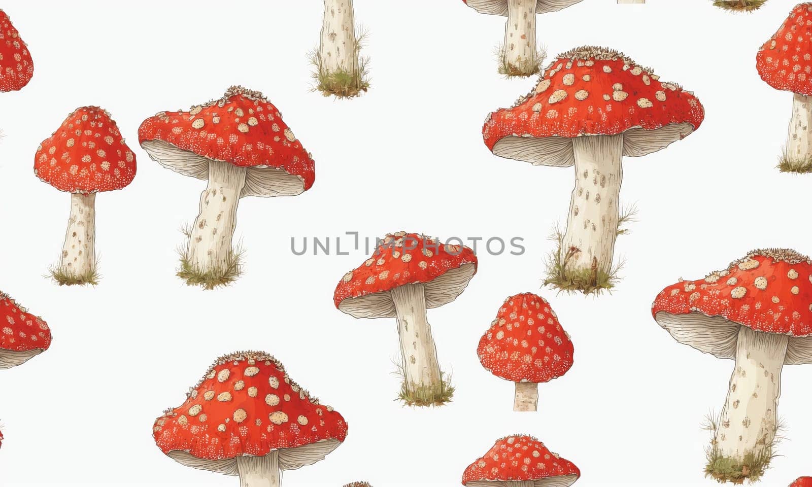 Seamless pattern with fly agaric mushrooms on white background.