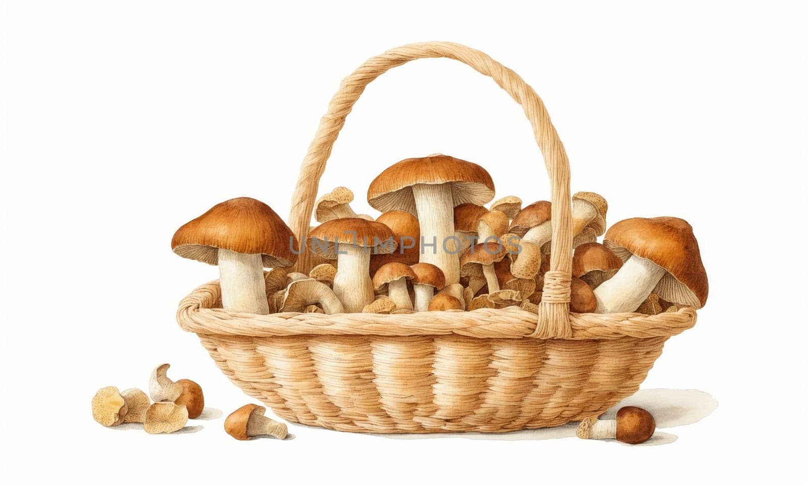 mushrooms in a wicker basket isolated on a white background.