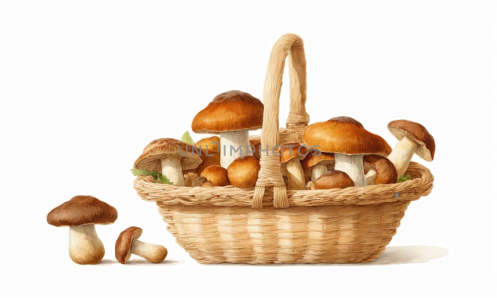 mushrooms in a wicker basket isolated on a white background.