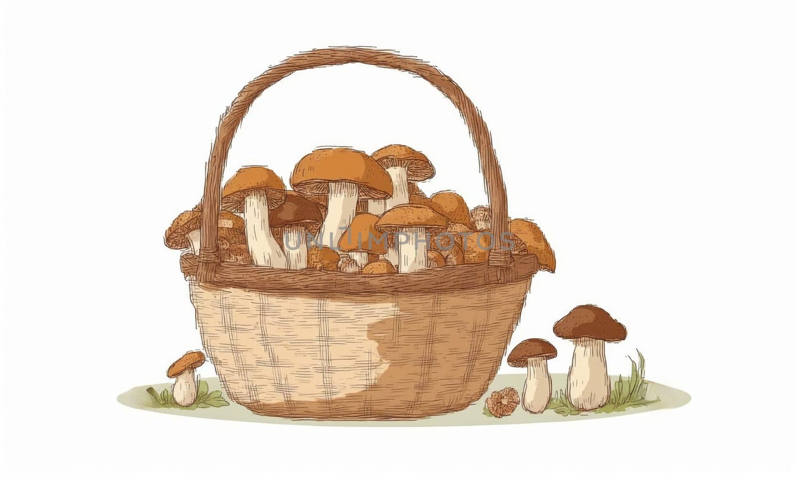 mushrooms in a wicker basket isolated on a white background.