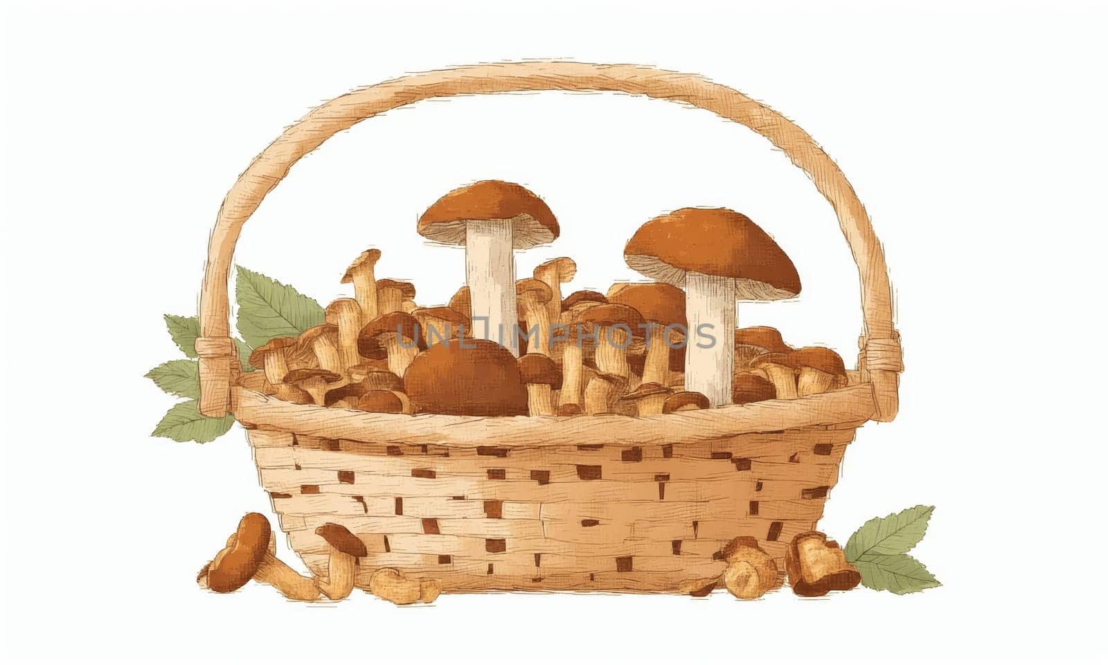 mushrooms in a wicker basket isolated on a white background.