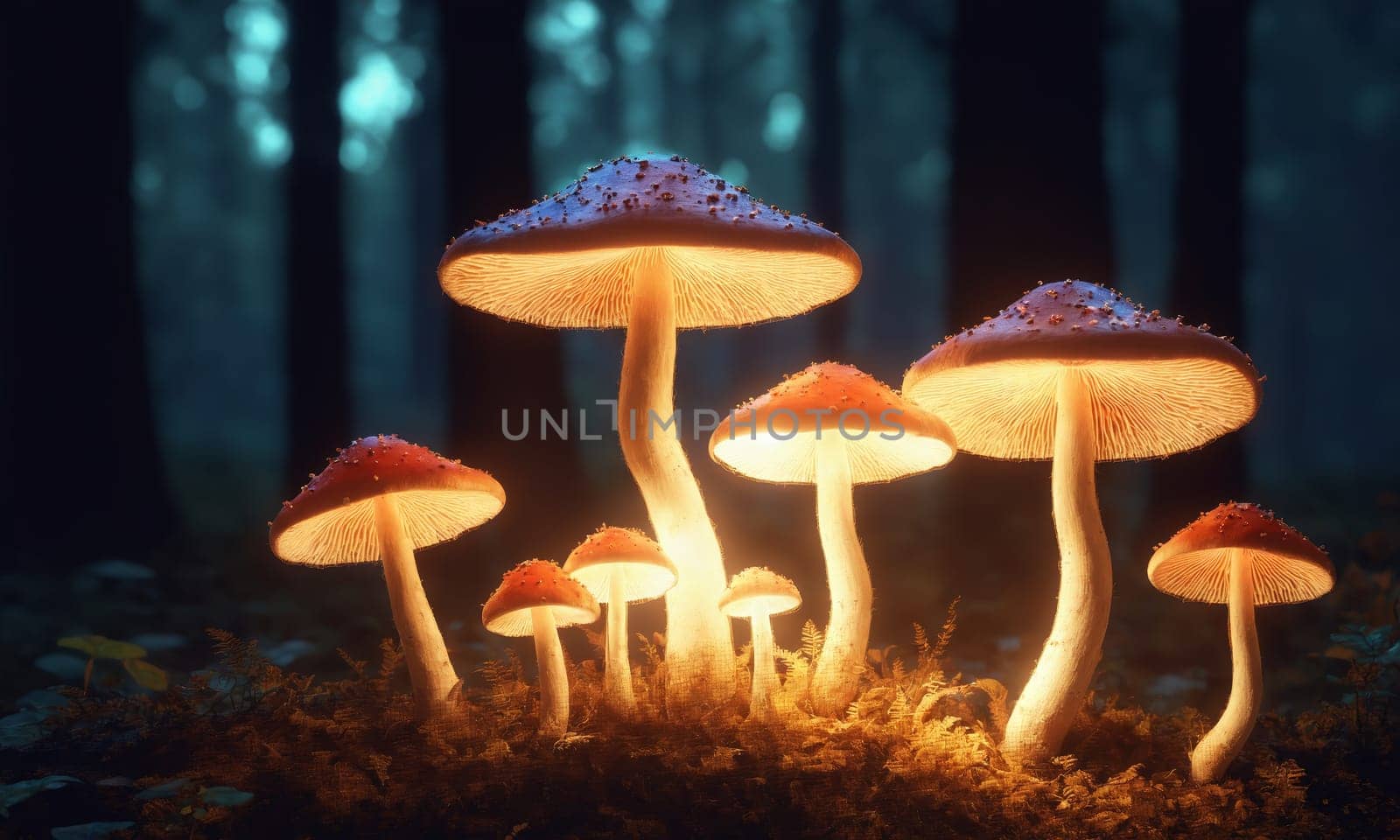 Mushrooms growing in the forest at night. Amanita muscaria.
