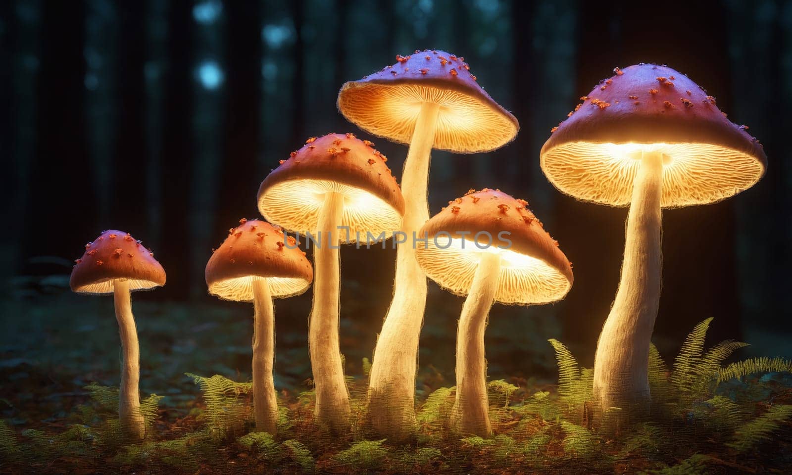 Mushrooms growing in the forest at night. Amanita muscaria.