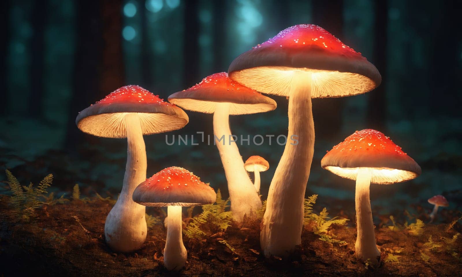 Mushrooms growing in the forest at night. Amanita muscaria.