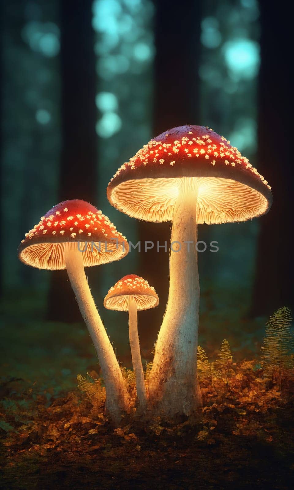 Glowing Mushrooms in a dark forest at night. Selective focus