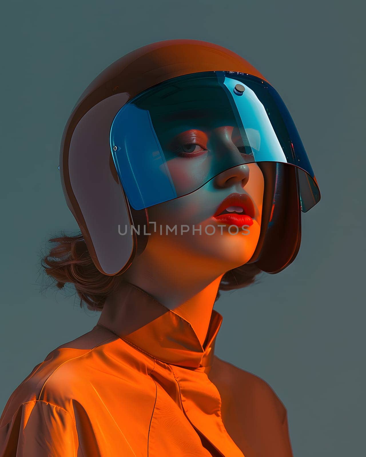 a woman wearing a helmet with a blue visor on her face by Nadtochiy