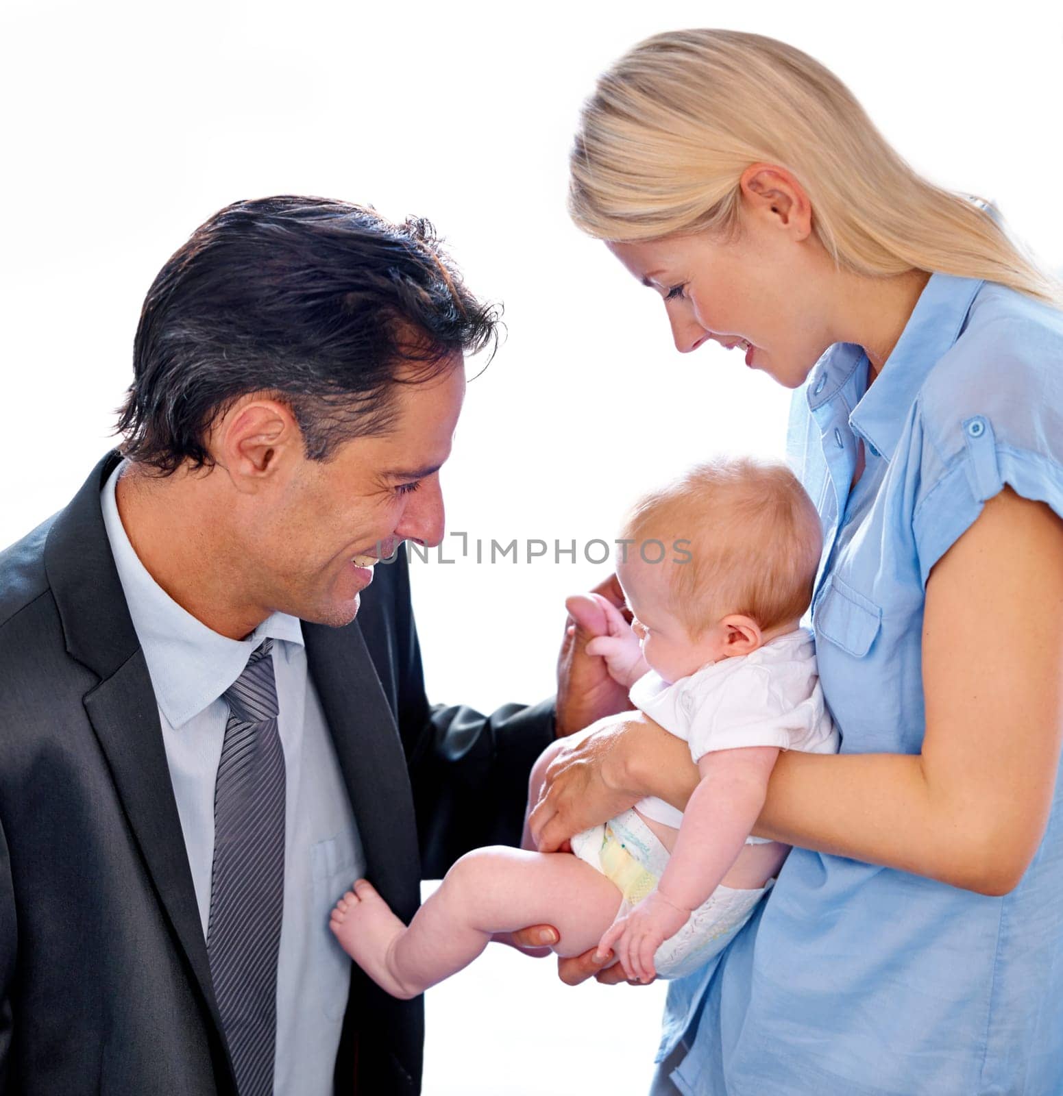 House, businessman and father with smile for infant, white background and professional with suit. Family, dad and mother with baby, love and parents together for happiness with child in home.