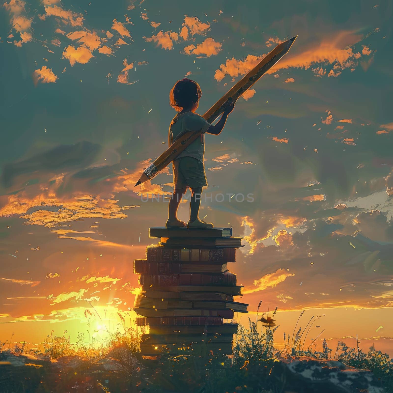 kid standing on the tower of books and holding a huge pencil on background of sunset sky. ai generated