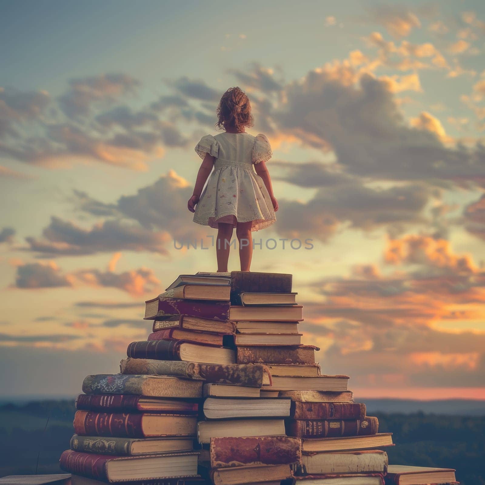 kid standing on the tower of books on background of sunset sky. ai generated