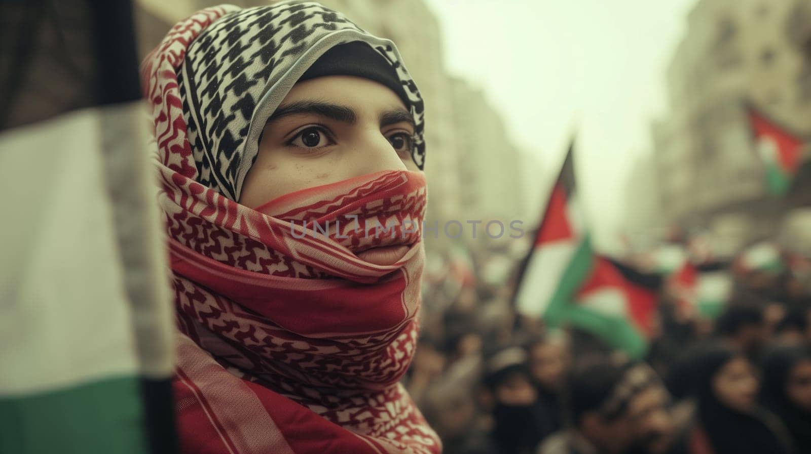 Pro-Palestinian activists march during a protest against U.S and Israel policy in Gaza district High quality photo