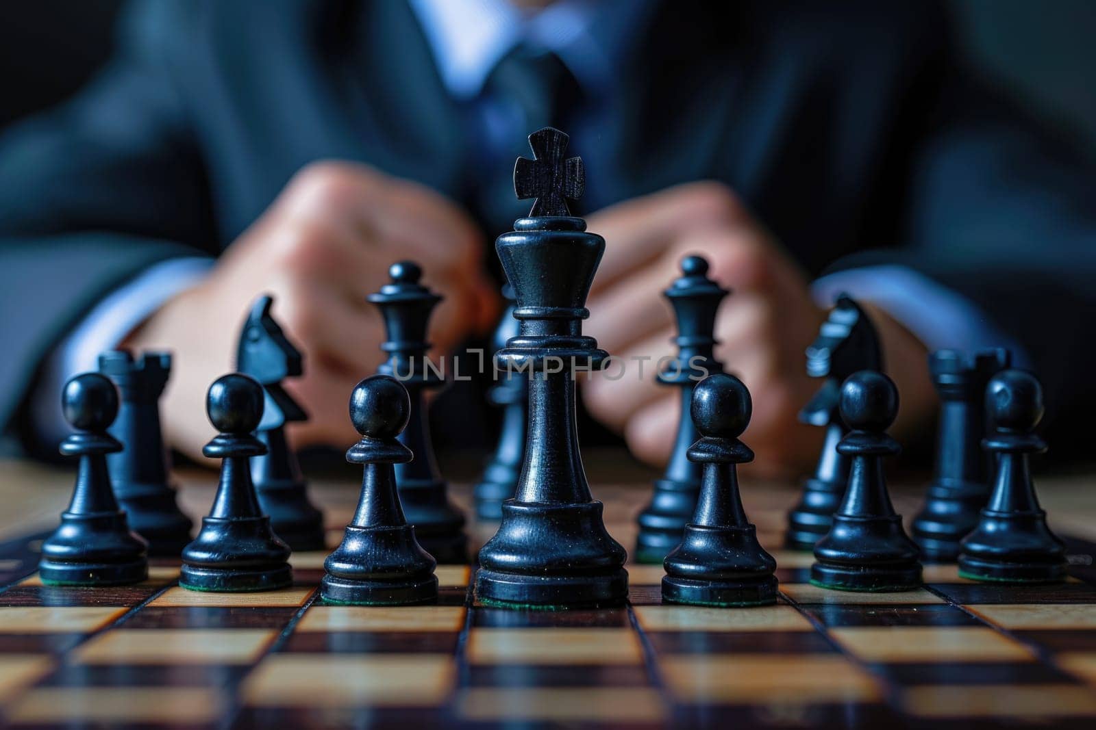 Businessman holding king chess in front of pawn chess on chessboard for business strategy and leadership assignment concept. ai generated