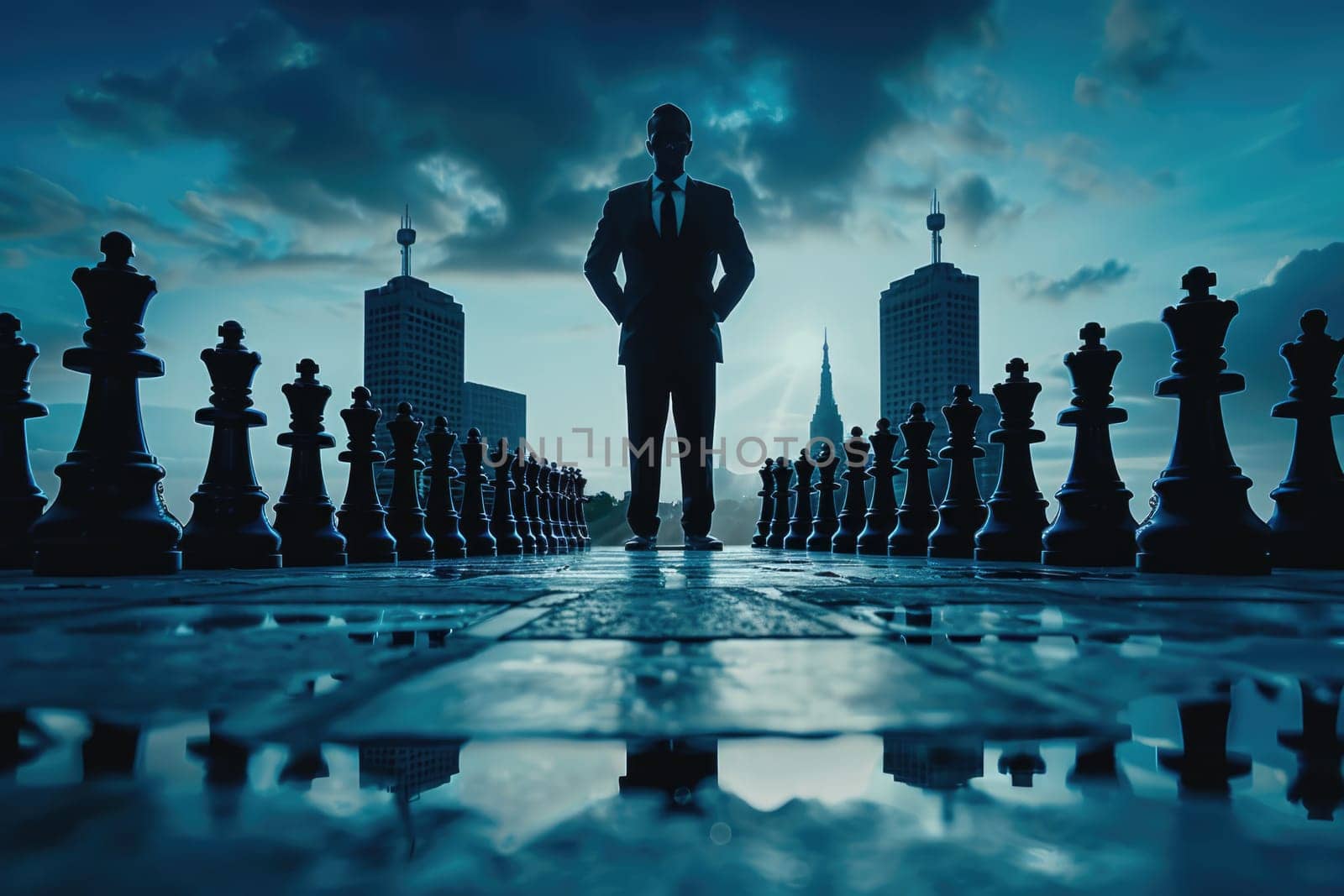 businessman standing on huge chessboard with skyscrapers on the background. Leadership in business metaphor. ai generated
