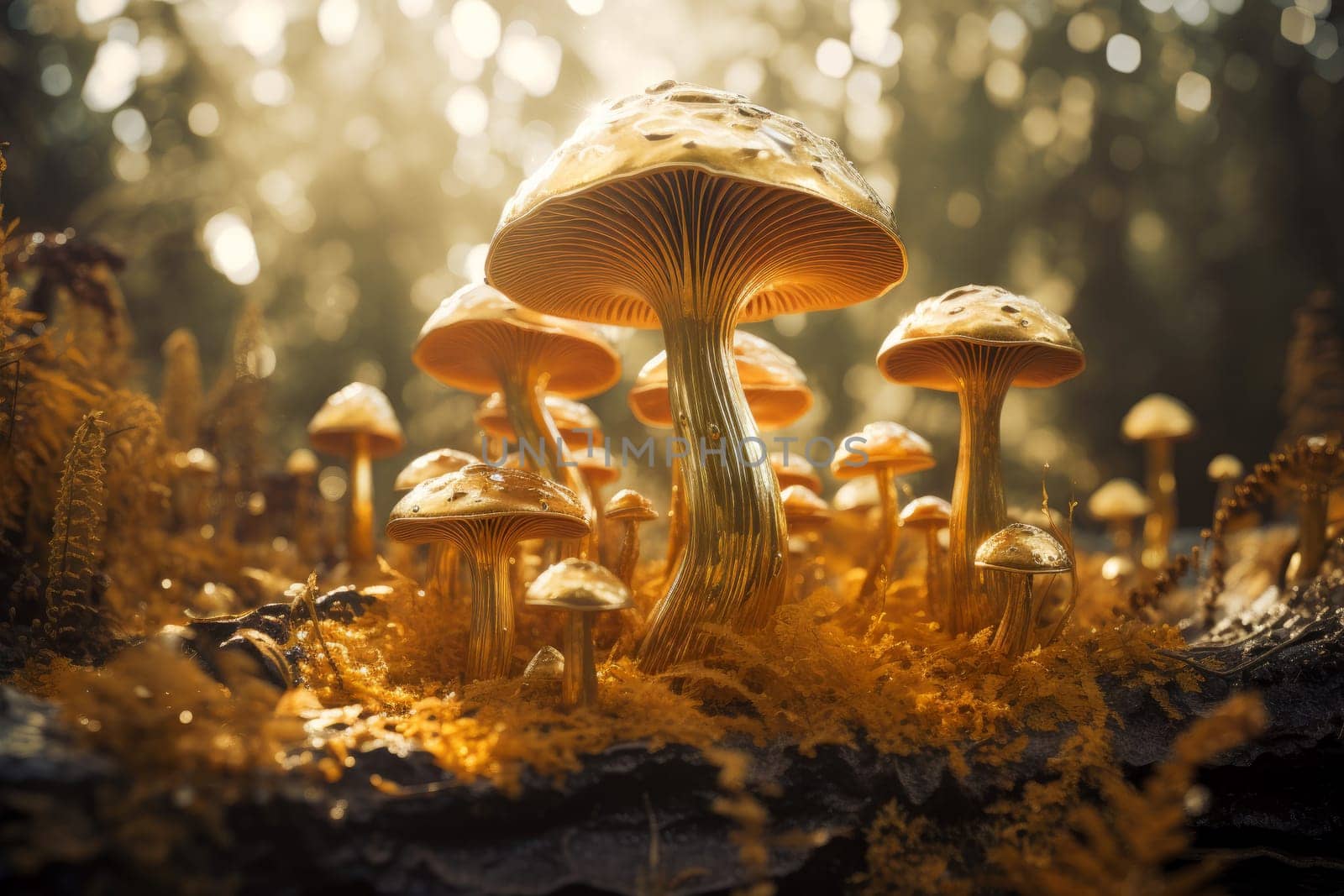 Enigmatic Gold mystery mushroom. Natural wild grow. Generate Ai