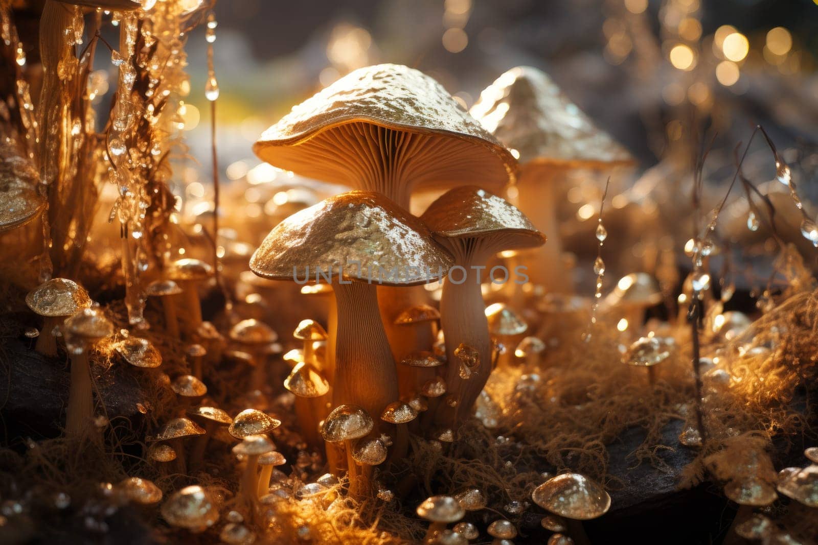 Glittering Gold mystery mushroom. Natural wild grow. Generate Ai