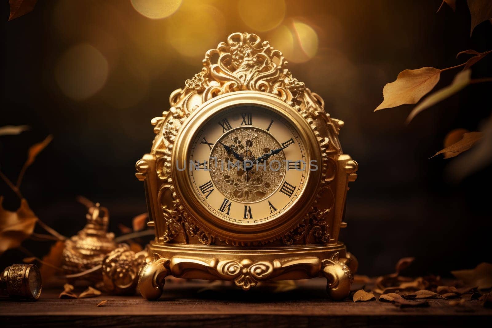 Antique Gold old clock. Retro time. Generate Ai
