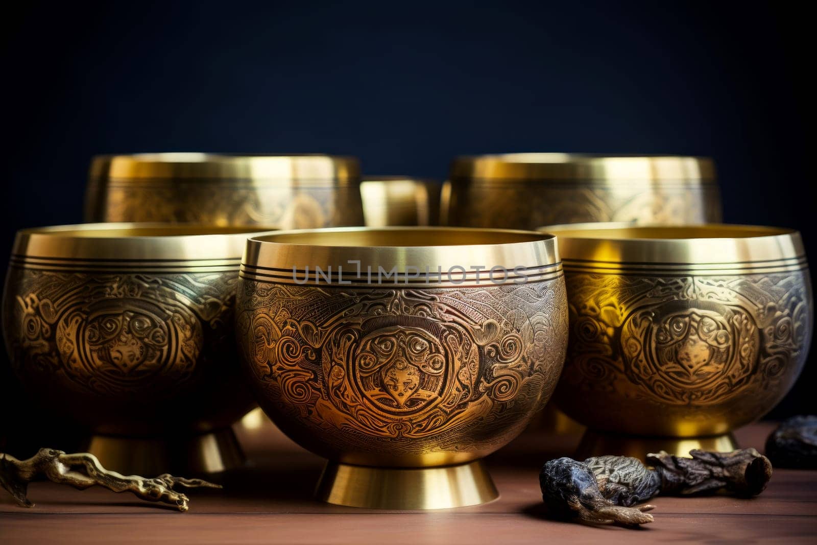 Golden singing bowls. Culture sound asian. Generate Ai