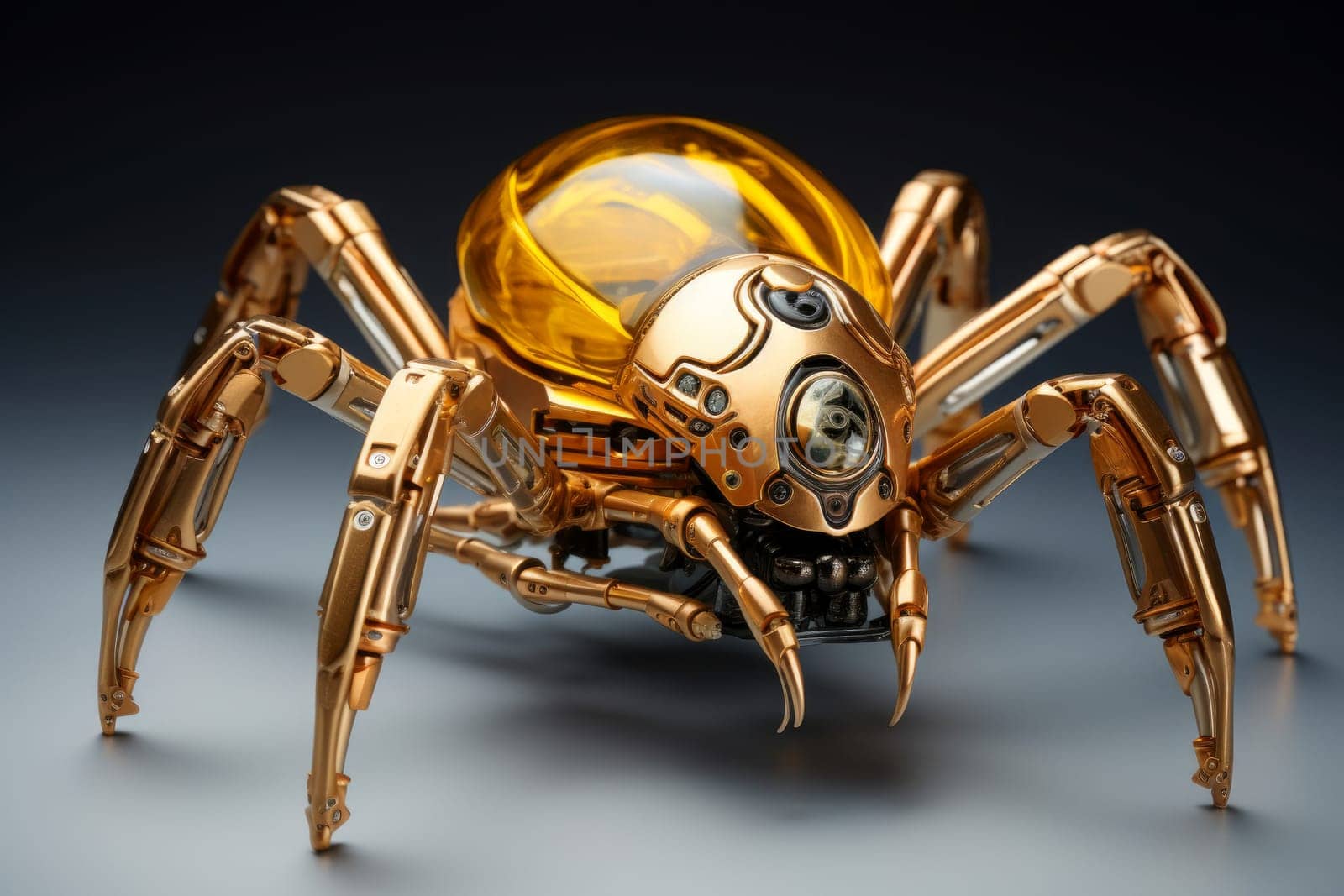 Mystical Golden spider robot. Scary bug. Generate Ai