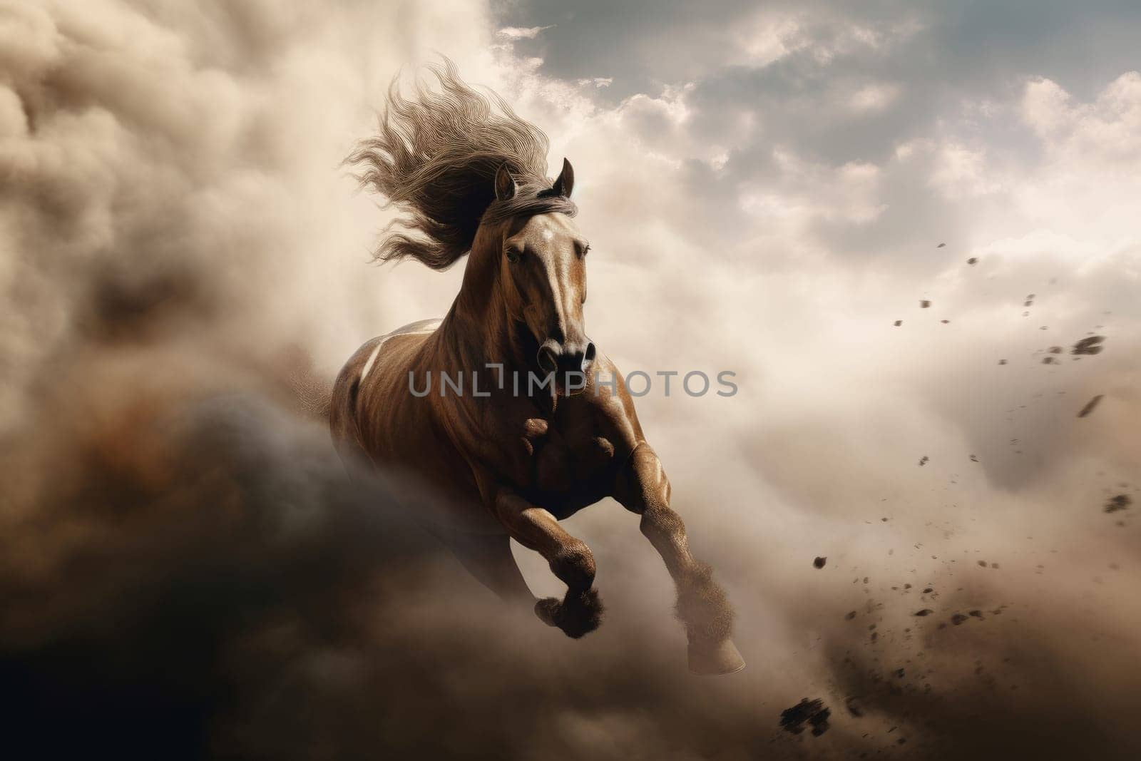 Ethereal Horse wild running through clouds. Generate Ai by ylivdesign