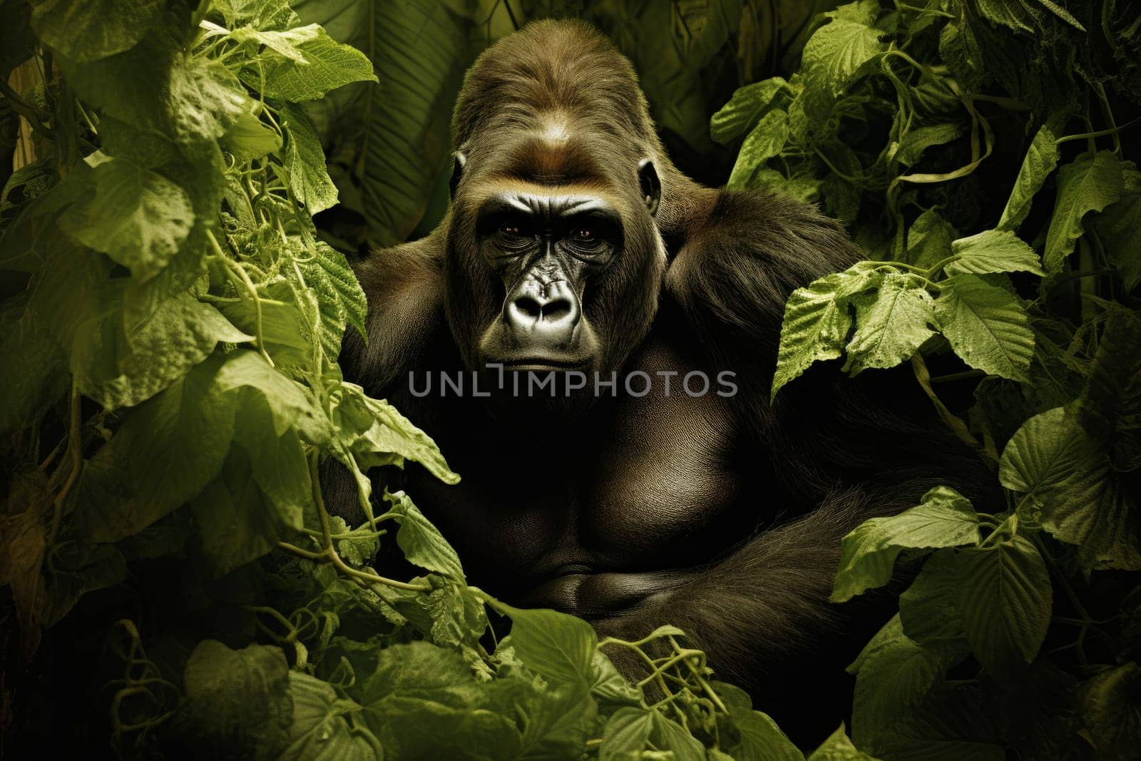 Gorilla leaves animal. Face safari. Generate Ai