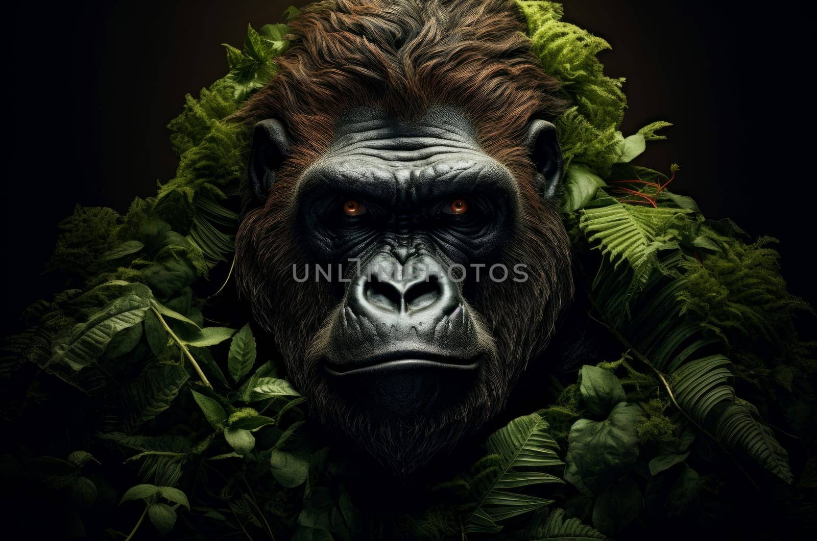 Broad Gorilla leaves animal. Face safari. Generate Ai