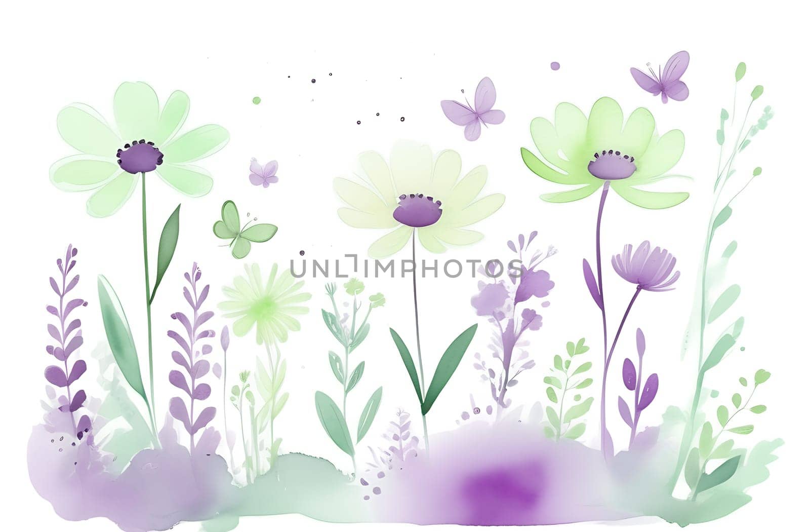 Watercolor flower set, delicate flowers, greeting card template, retro style.