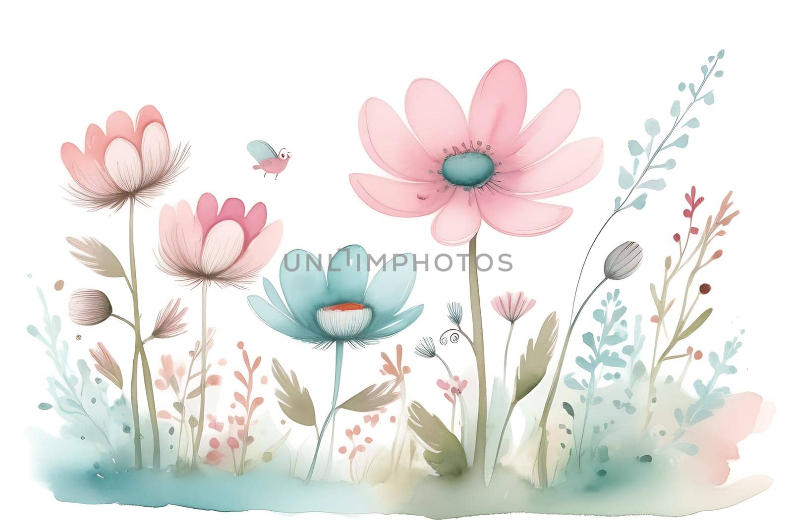 Watercolor flower set, delicate flowers, greeting card template, retro style by claire_lucia