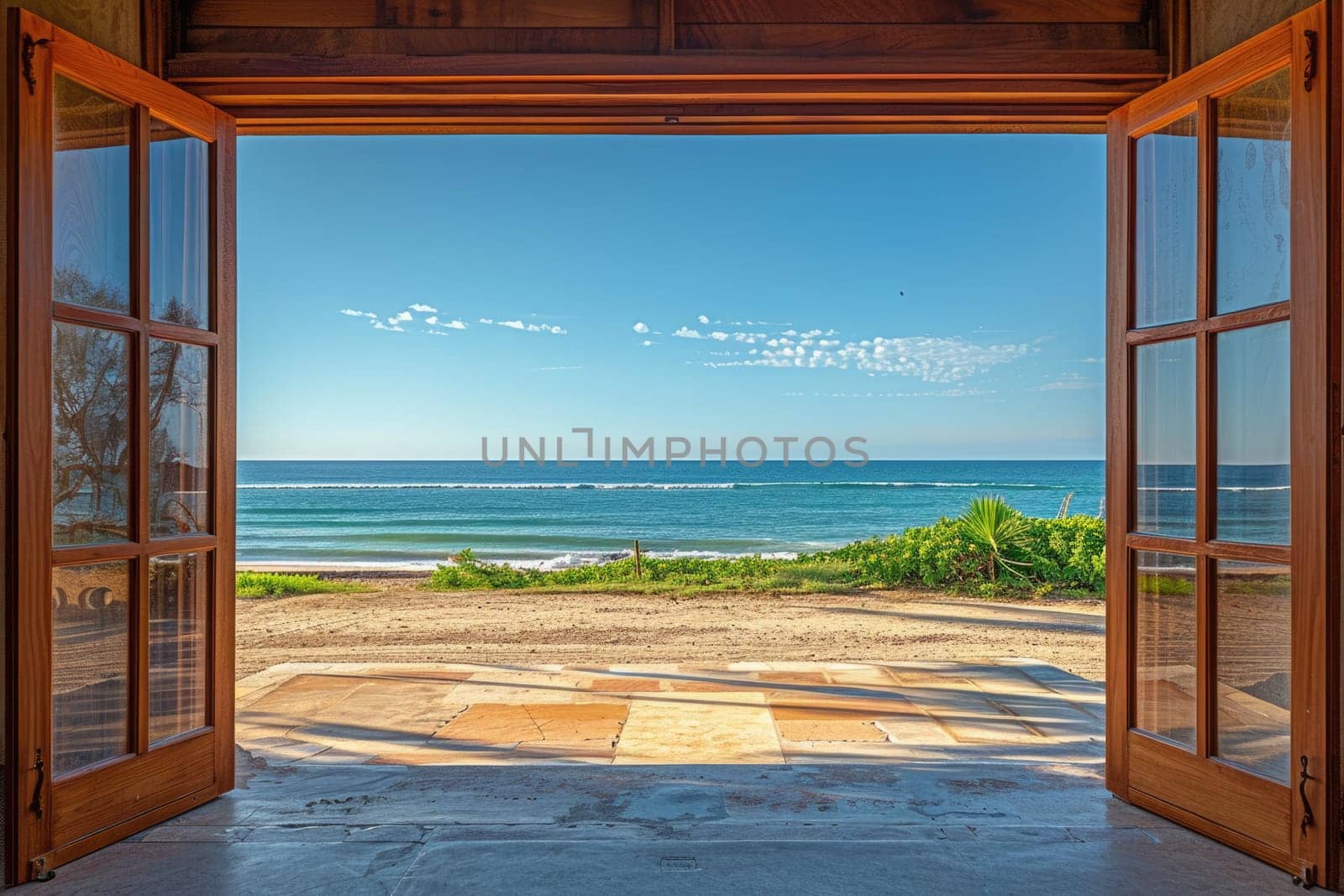 Open door with access to the beach from desert. Travel concept. ai generated